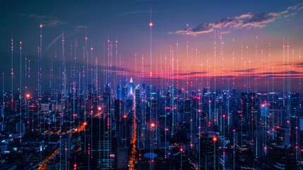 Aufkleber - Smart digital city with connection network reciprocity over the cityscape . Concept of future smart wireless digital