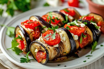 Wall Mural - Rolled up eggplant stuffed with cheese and tomatoes in plate