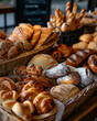 presenting breads and pastries of different shapes, placed together in a single basket, presenting different flavors of different types of bread