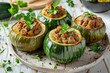 Zucchini stuffed with cheese and meat on wooden background