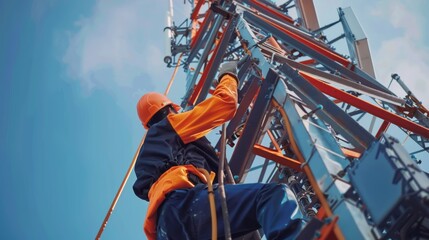 Poster - Technician working on telecommunication tower,High risk work,technology conceptual.