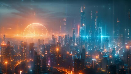 Poster - A futuristic city at night shines with bright lights, creating a dazzling urban landscape.