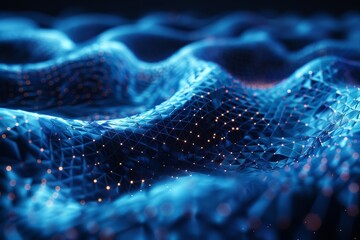 Fototapete - A visually striking image depicting dynamic blue waves on a digital particle grid symbolizing flow and transfer in technology