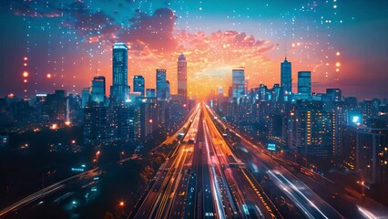Poster - Twilight hues bathe a cityscape as cars create light streaks along the highway.