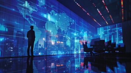 Poster - Silhouette of a businessman standing on the background of the virtual world map