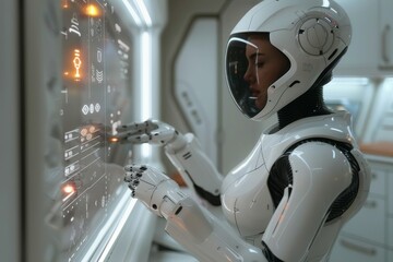 Poster - a humanoid robot with a blurred face interacts with a digital control panel inside a spacecraft, sho