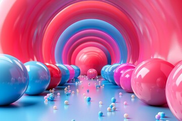 Poster - Vibrant image of shiny spheres in a reflective, colorful tunnel creating a sense of infinity and fantasy