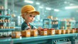 Child working on an assembly line, flat solid color illustration, teal background, showing the monotony and precision of the child