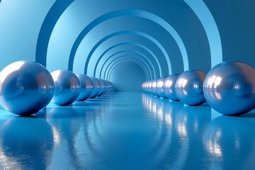Poster - Concentric arches and a series of reflective spheres create a sense of depth and continuity in a blue 3D tunnel