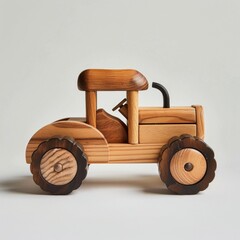 A wooden toy car resembling a tractor with wheels, set against a white background