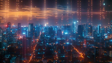 Aufkleber - Dusk falls on a futuristic cityscape with neon lights and towering skyscrapers.