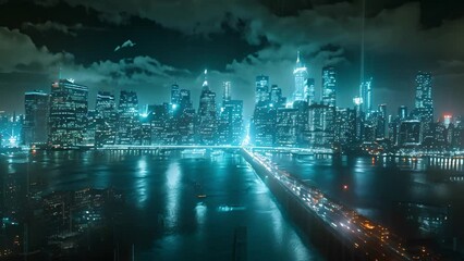 Aufkleber - A cityscape at night featuring a bridge spanning across a river, with illuminated buildings and reflections on the water.