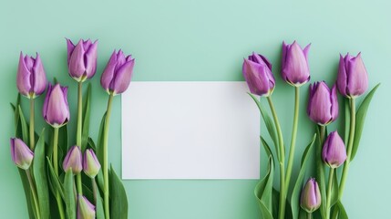 Canvas Print - A stunning display of purple tulips adorning a blank sheet of paper set against a soft light green backdrop evokes thoughts of Valentine s Day Mother s Day and International Women s Day Thi