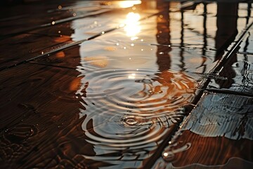 Wall Mural - A wooden floor is wet with rainwater. The water is reflecting the sun, creating a beautiful and serene atmosphere