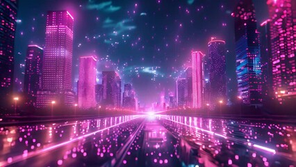 Fototapete - A neon-lit street leading through a vibrant city under a star-filled sky.