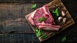 Top-View of Whole Raw Lamb Shoulder Leg Meat with Garlic and Mint on Dark Wooden Background.