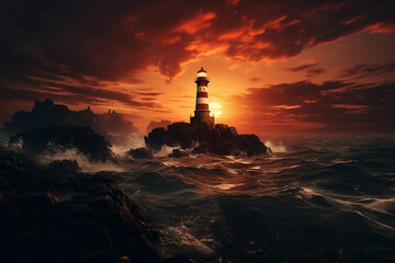 Wall Mural - A lone lighthouse standing tall against the backdrop of a fiery sunset, guiding ships safely home, isolated on solid.