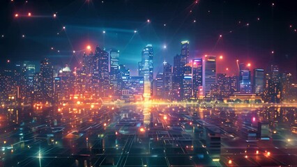 Poster - Neon-lit skyscrapers towering over a glowing cybernetic grid at dusk.
