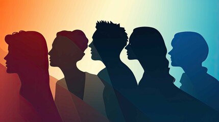 A group of people are silhouetted against a blue and orange background