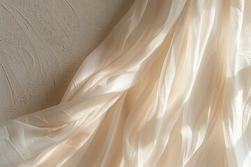 Poster - Close-up view of a beige curtain hanging on a wall, showcasing its texture and details. Minimalistic and elegant background for product presentations