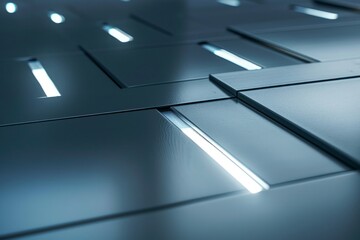 Poster - Detailed close-up of a futuristic gray-blue metallic surface, reflecting light and creating a sleek and modern aesthetic