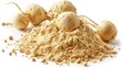 Heap of Peruvian Maca Powder. Nutritional White Powder from Ginseng Root Isolated on White