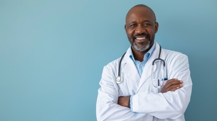 Portrait of caucasian senior female doctor with stethoscope on blue background. Space for text