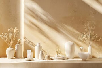 Poster - White vases arranged on a shelf against a light beige background with a golden touch