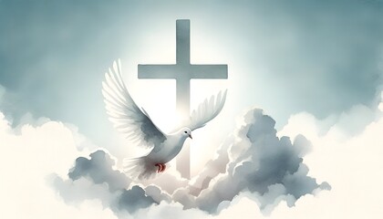 Wall Mural - Illustration of a white dove in flight and a cross in the clouds for whit monday.
