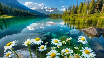 Wall Mural - Serene Mountain Lake with Wild Daisies in the Foreground. Generative ai