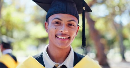 Poster - College, student and face at graduation outdoor in celebration of scholarship, success or education. Happy, graduate and man with achievement of degree, diploma and finished with study at university