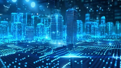 Aufkleber - A vibrant cityscape of modern and futuristic buildings illuminated in a striking blue hue, showcasing advanced technology and urban development.