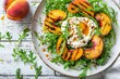 Grilled Peach Salad with Arugula, Burrata & Rustic Sauce on White Wooden Background. 