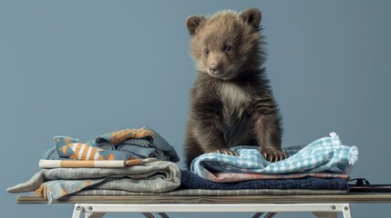 Poster -   A brown bear sits atop a table next to a stack of blankets