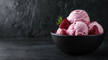 Wall Mural - Pink strawberry ice cream in a black bowl