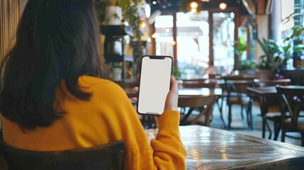 Mockup  a woman holding smartphone with blank white screen