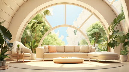 Wall Mural - An illustration of a living room in contemporary style, with a round arch and plants, showcases the perfect fusion of modernity and nature