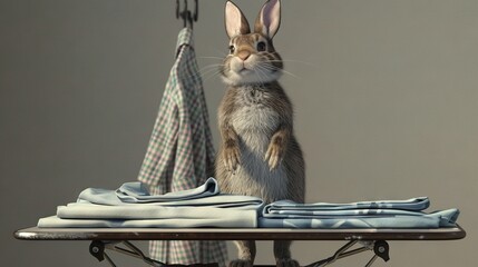 Wall Mural -   A rabbit with brown-white fur rests on a table beside a blue-white shirt stack