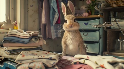 Wall Mural -   A rabbit sits atop a table with a stack of folded clothing and a rack of folded shirts nearby