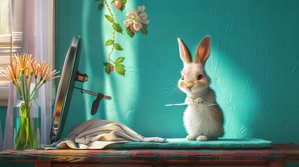 Poster -   A painting of a bunny rabbit seated atop a table alongside an easel and a bouquet of blossoms