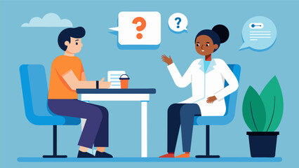 Canvas Print - A patient sits at a table across from their doctor in a research facility eagerly asking questions as the doctor explains the potential longterm.