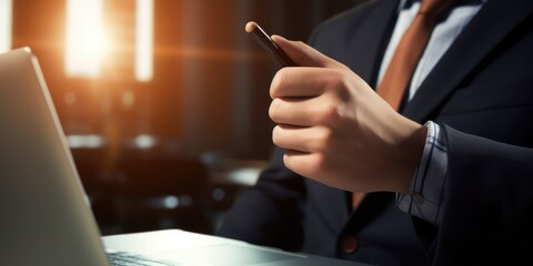 A man in a suit is holding a cell phone and a pen