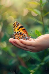 Wall Mural - butterfly on child's hand close-up