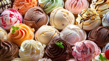 Wall Mural - Top view of various ice cream in paper cups