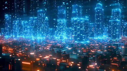 Aufkleber - A modern city with illuminated buildings, glowing lights, and advanced technology creating a futuristic ambiance.