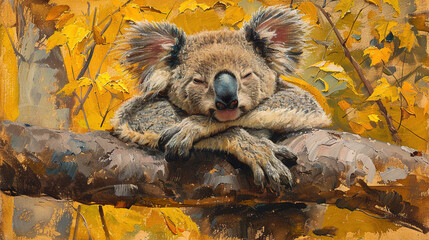 Poster -   A painting depicts a koala sitting on a tree branch, its head resting on its chest while its eyes are closed