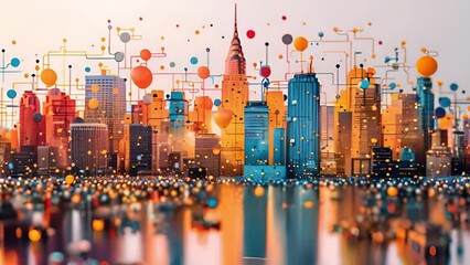 Poster - Stylized cityscape with vibrant geometric shapes overlaying buildings.