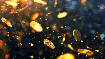 Poster - A bunch of gold coins with the letter B on them are flying through the air
