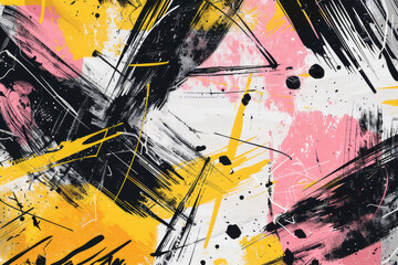 Poster - A painting with black and yellow brush strokes and pink and white splatters