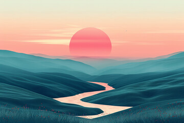 Wall Mural - A peaceful countryside landscape with rolling hills and a winding river under a pink sunset, isolated on solid white background.